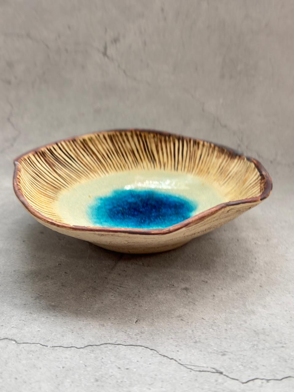Hand-built textured bowl with blue glaze pool — Meeta Pant